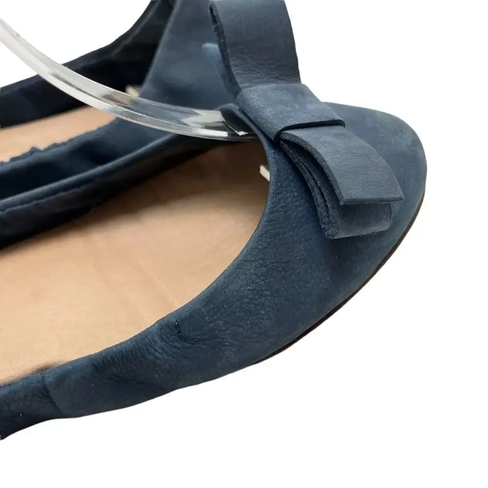 ADAM TUCKER Genuine Leather Navy Blue Suede Bow Ballet Flats Loafers Shoes 8.5